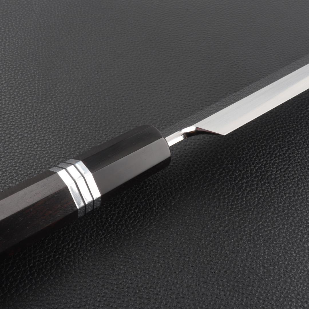 11070鬼反り先丸包丁尺二鏡面仕上げ刺身包丁刃は究極の切れ味黒檀五本銀巻八角柄