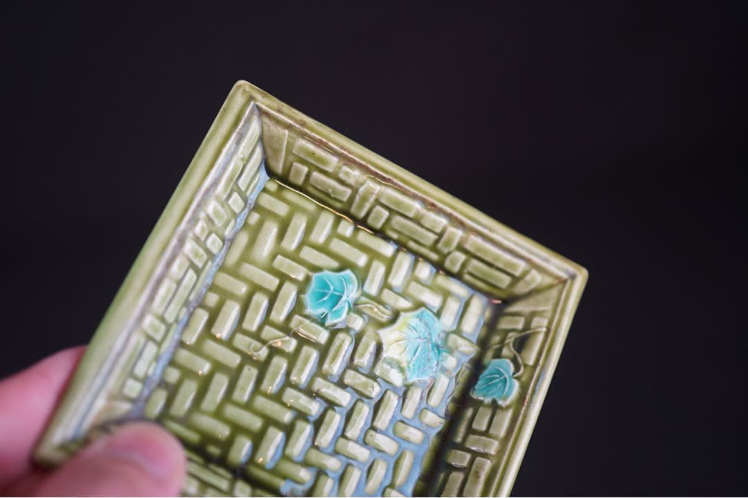 淡路珉平焼 緑釉 草文 四方小皿 9客 / 角皿 向付 豆皿 懐石料理道具