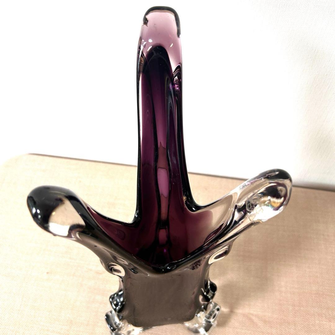 紫と透明のガラス花瓶 アートガラス