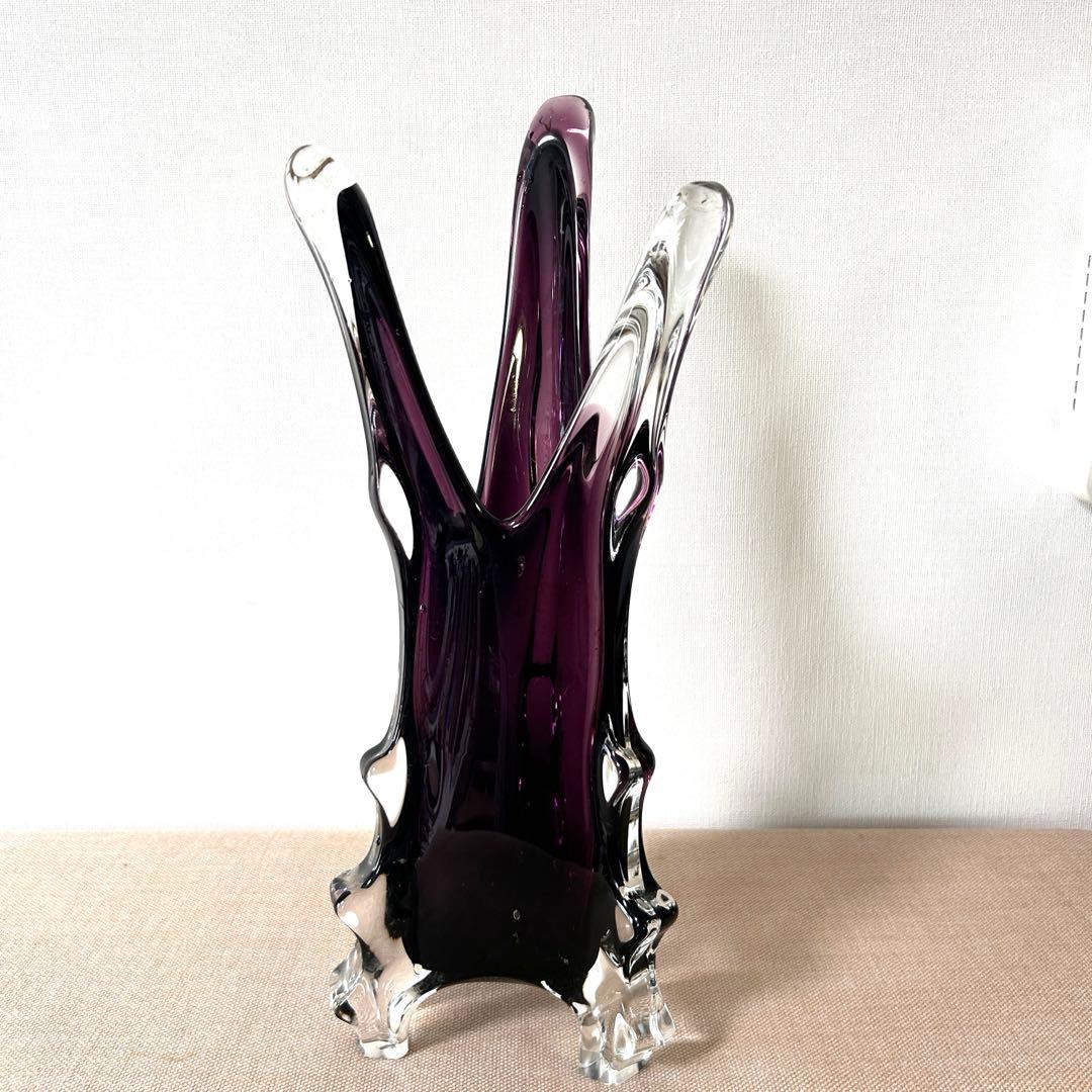 紫と透明のガラス花瓶 アートガラス