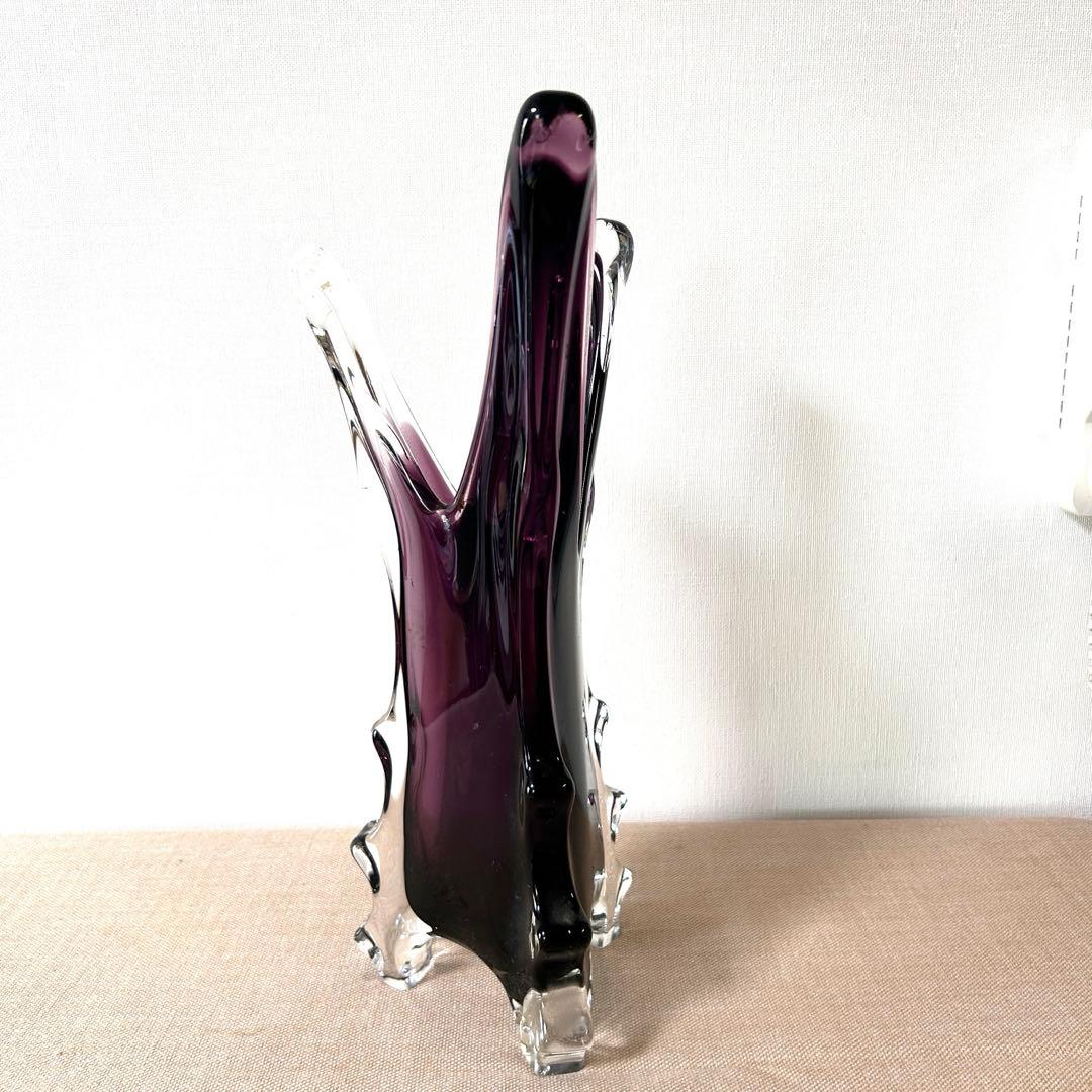 紫と透明のガラス花瓶 アートガラス