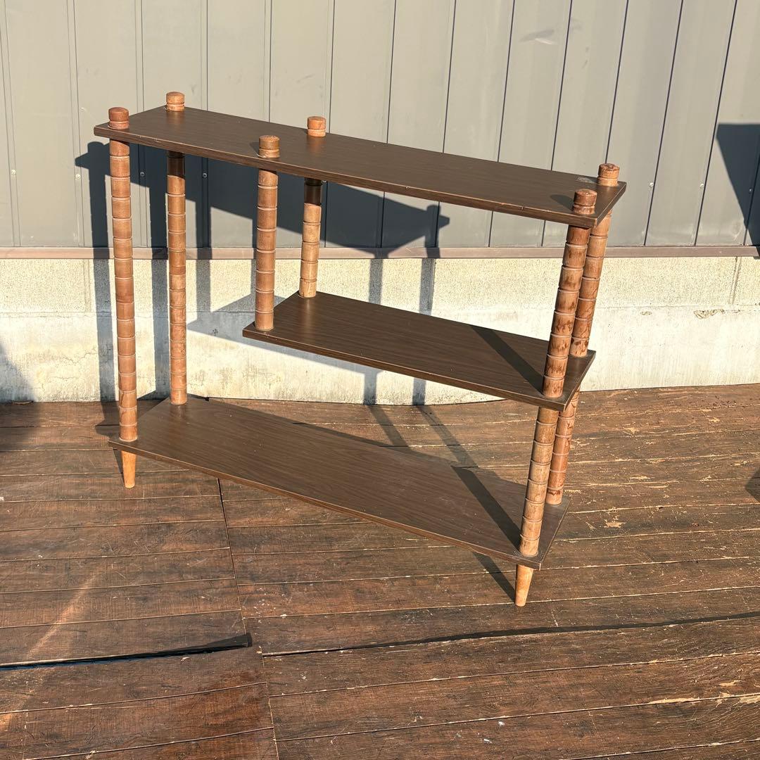 昭和レトロ ミッドセンチュリー 3段 木製階段ラック 飾り棚 古道具 古家具