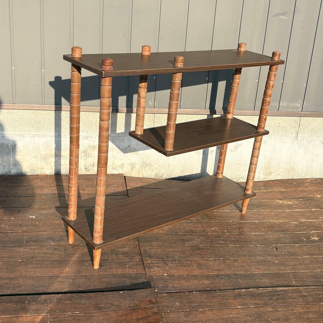 昭和レトロ ミッドセンチュリー 3段 木製階段ラック 飾り棚 古道具 古家具