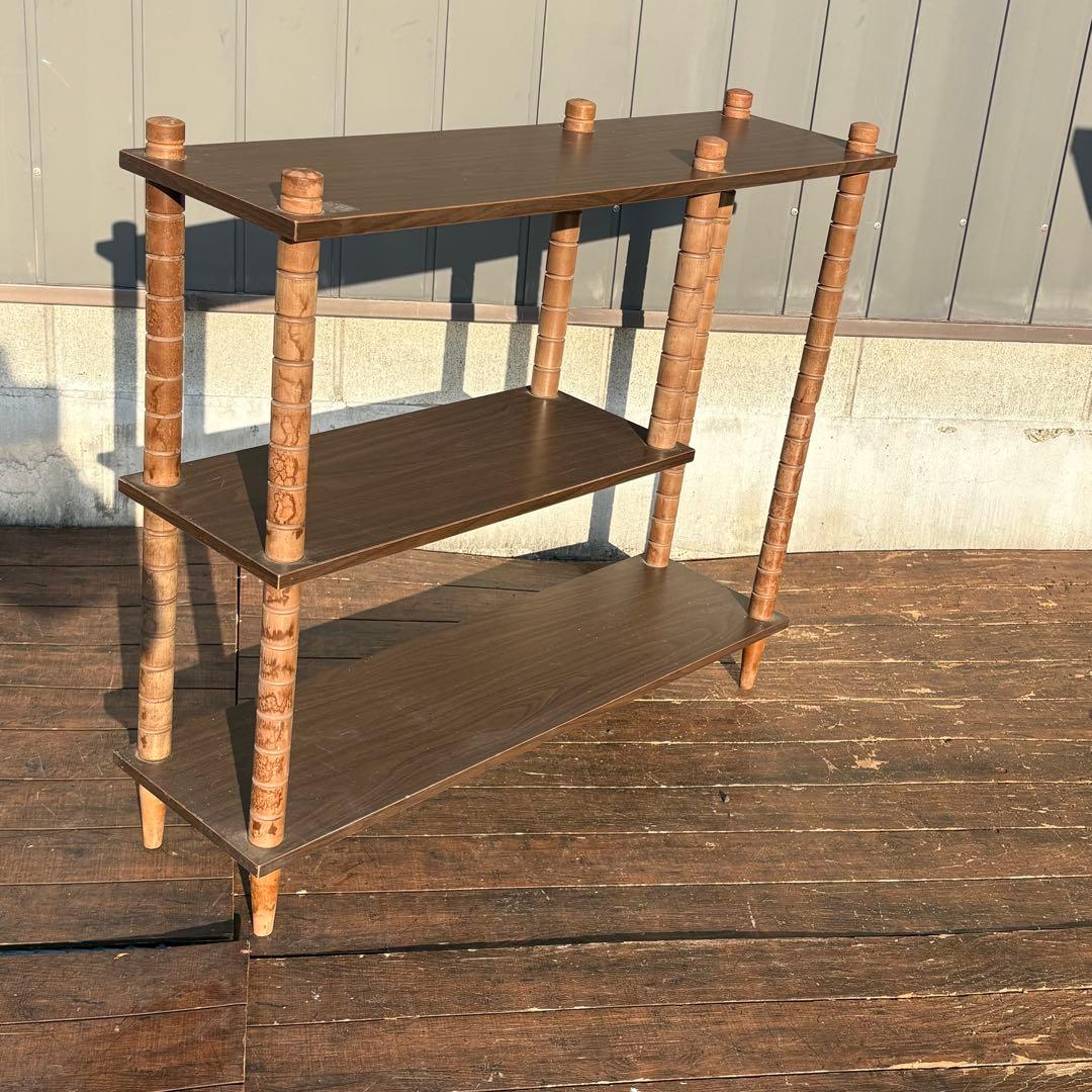 昭和レトロ ミッドセンチュリー 3段 木製階段ラック 飾り棚 古道具 古家具