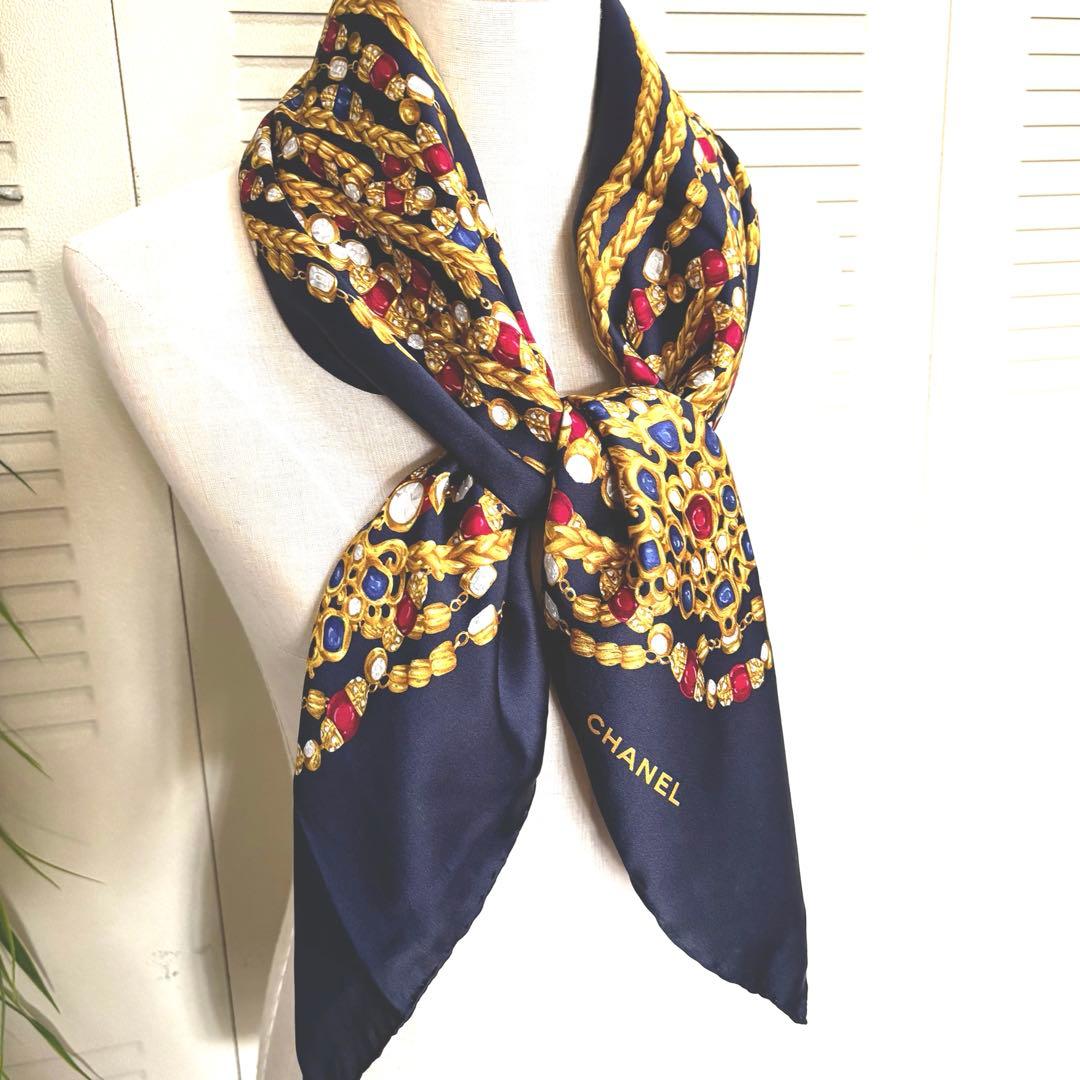 CHANEL ジュエリープリント スカーフ ネイビー