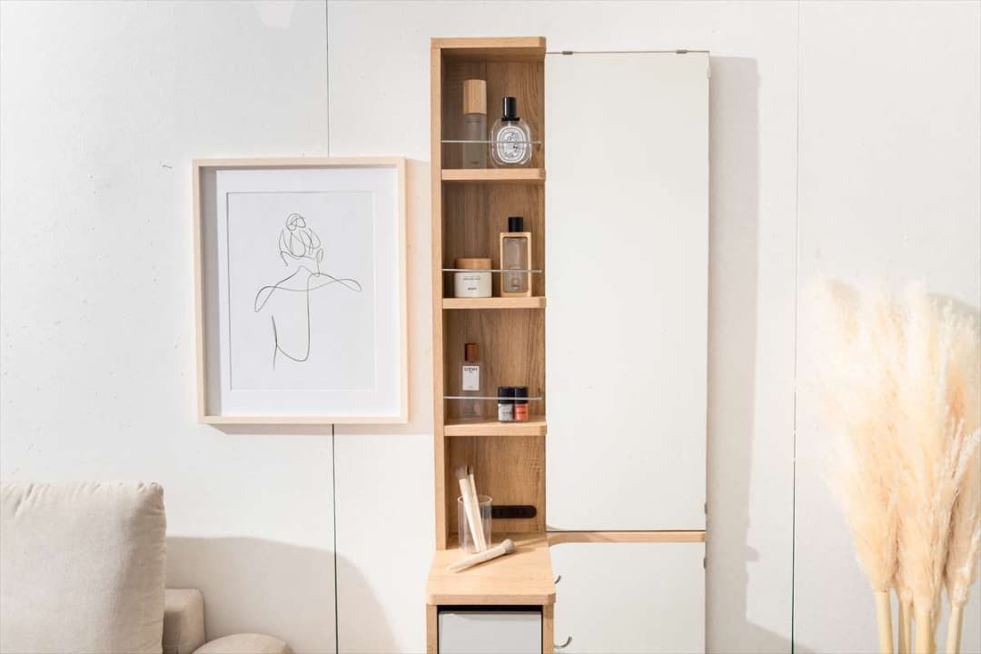 【送料無料】Elena 収納付全身姿見ドレッサー 鏡 コーナー コンセント付き