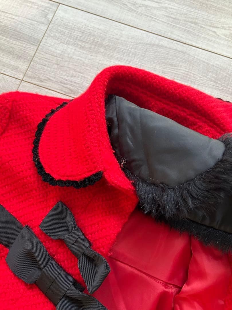 アンジェリックプリティ　赤 ファー付きリボンAラインコート　金ボタン　ロリータ