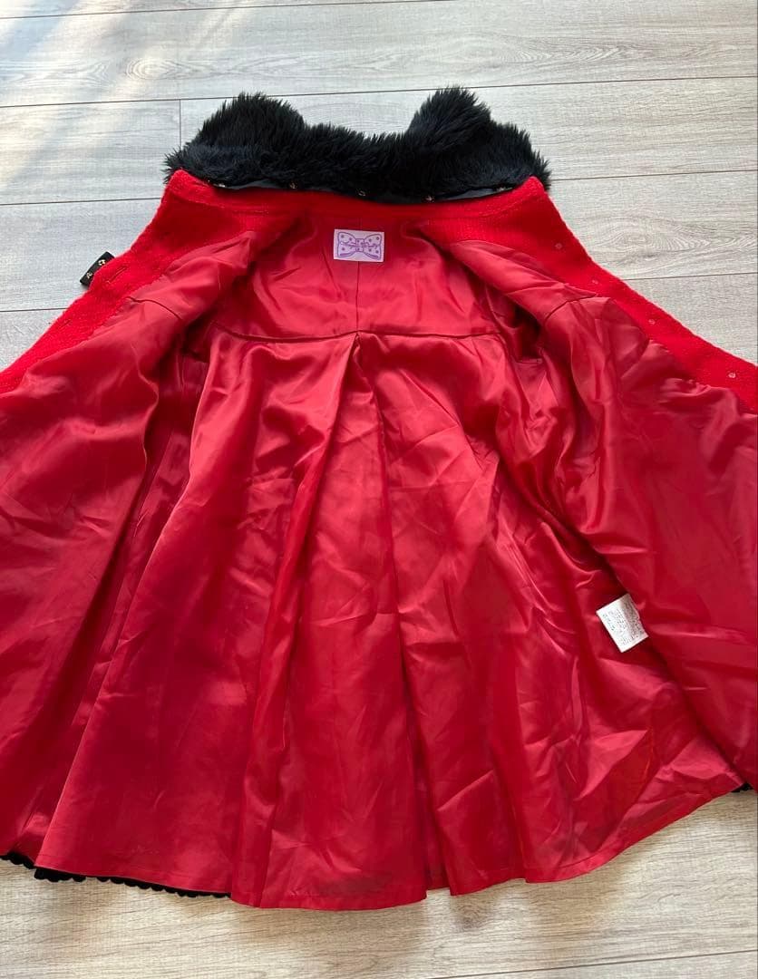アンジェリックプリティ　赤 ファー付きリボンAラインコート　金ボタン　ロリータ