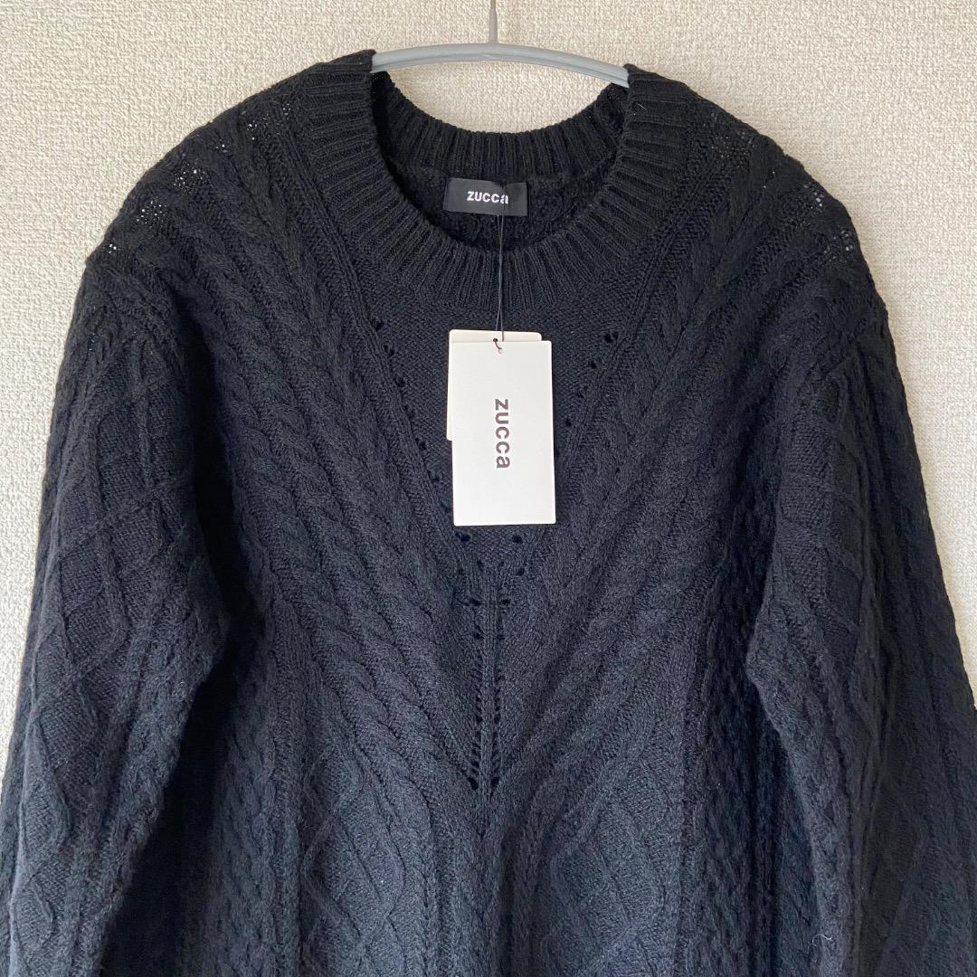新品 zucca ズッカ ブラック ニットワンピース アランニット レース 黒