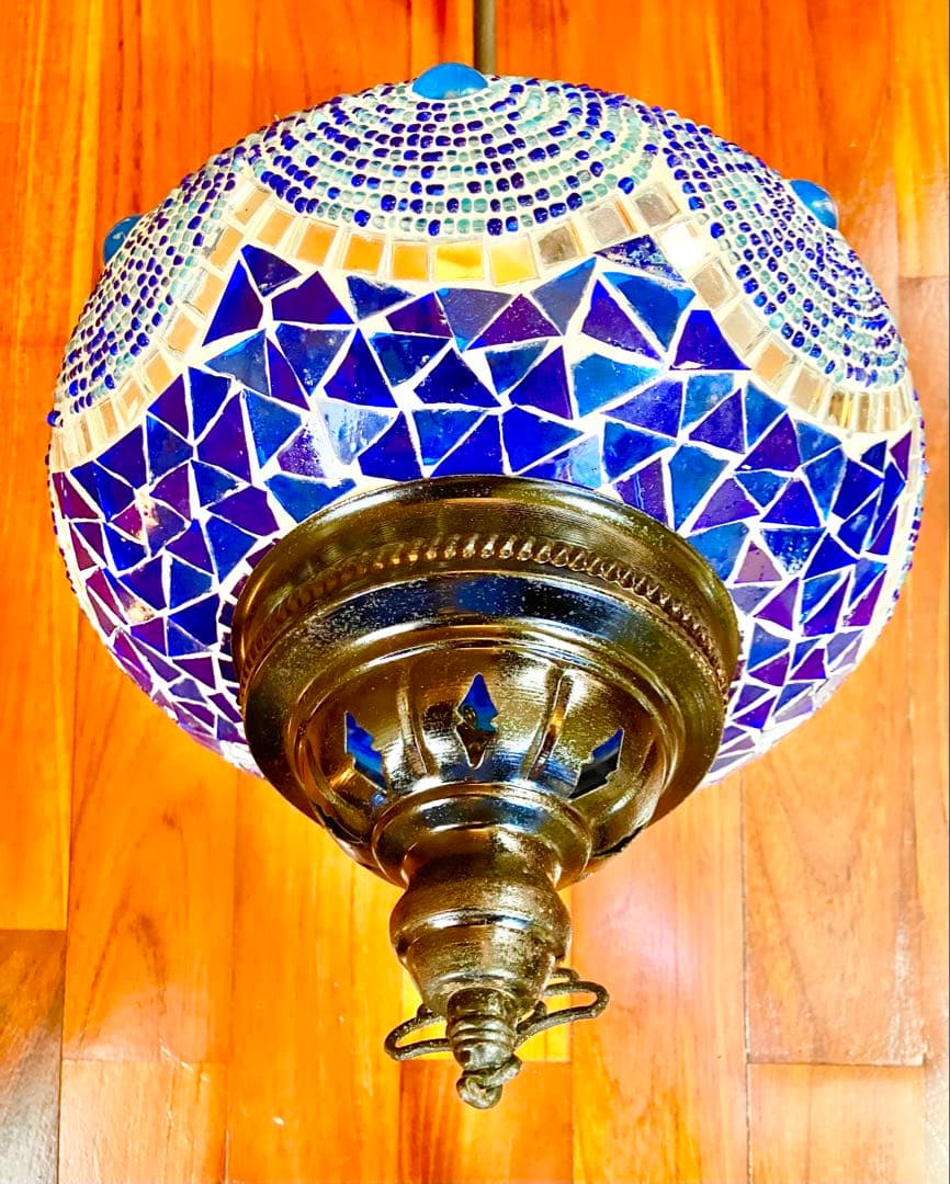 トルコランプ 美品 希少 吊り下げ ブルー　青　ガラスビーズ 引掛シーリング