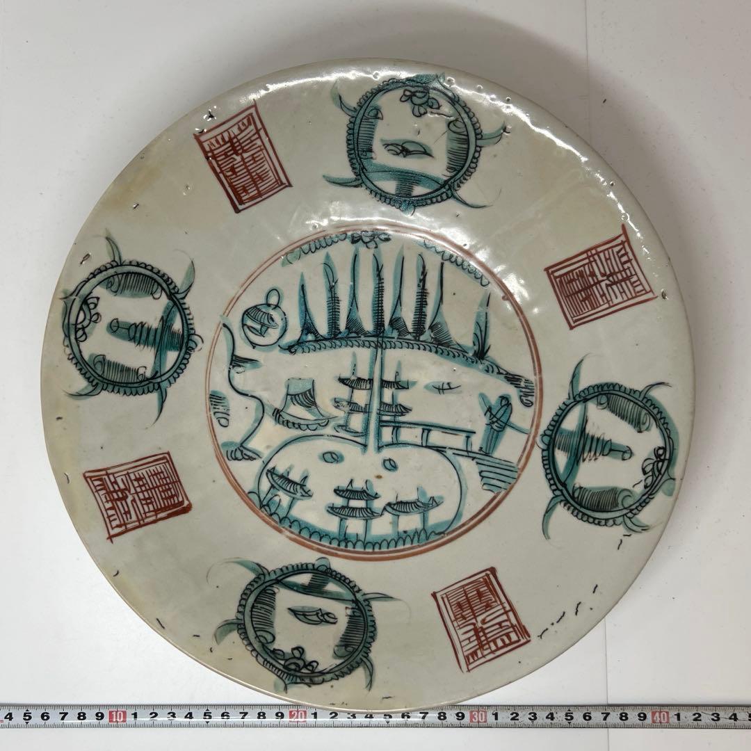 中国明時代 呉州赤絵大皿 木箱付 直径33cm 東キ7-0901☆2F トコト