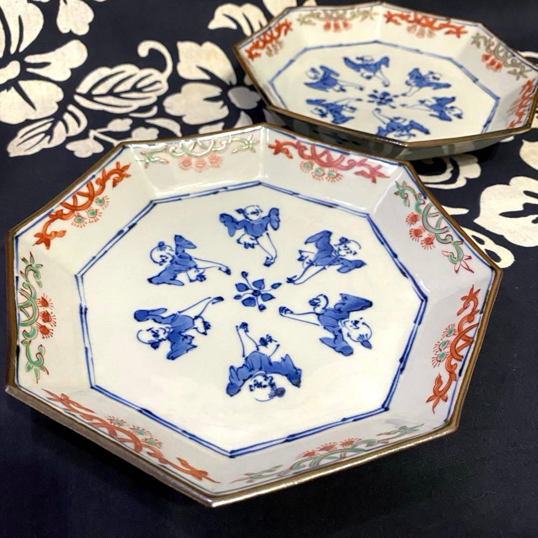 京焼　加藤雲泉　唐子八角皿　二枚組　京都　清水焼　① 高級食器　お正月・お祝いに