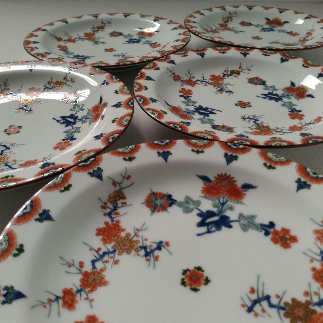 有田焼 其泉 賞美堂 金彩 色絵 梅菊文 和皿 中皿 6寸 18,5cm 5客揃