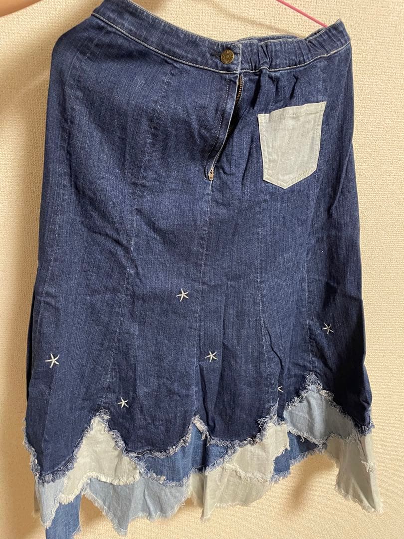 PINK HOUSE デニムスカート 星の刺繍 フリンジ裾