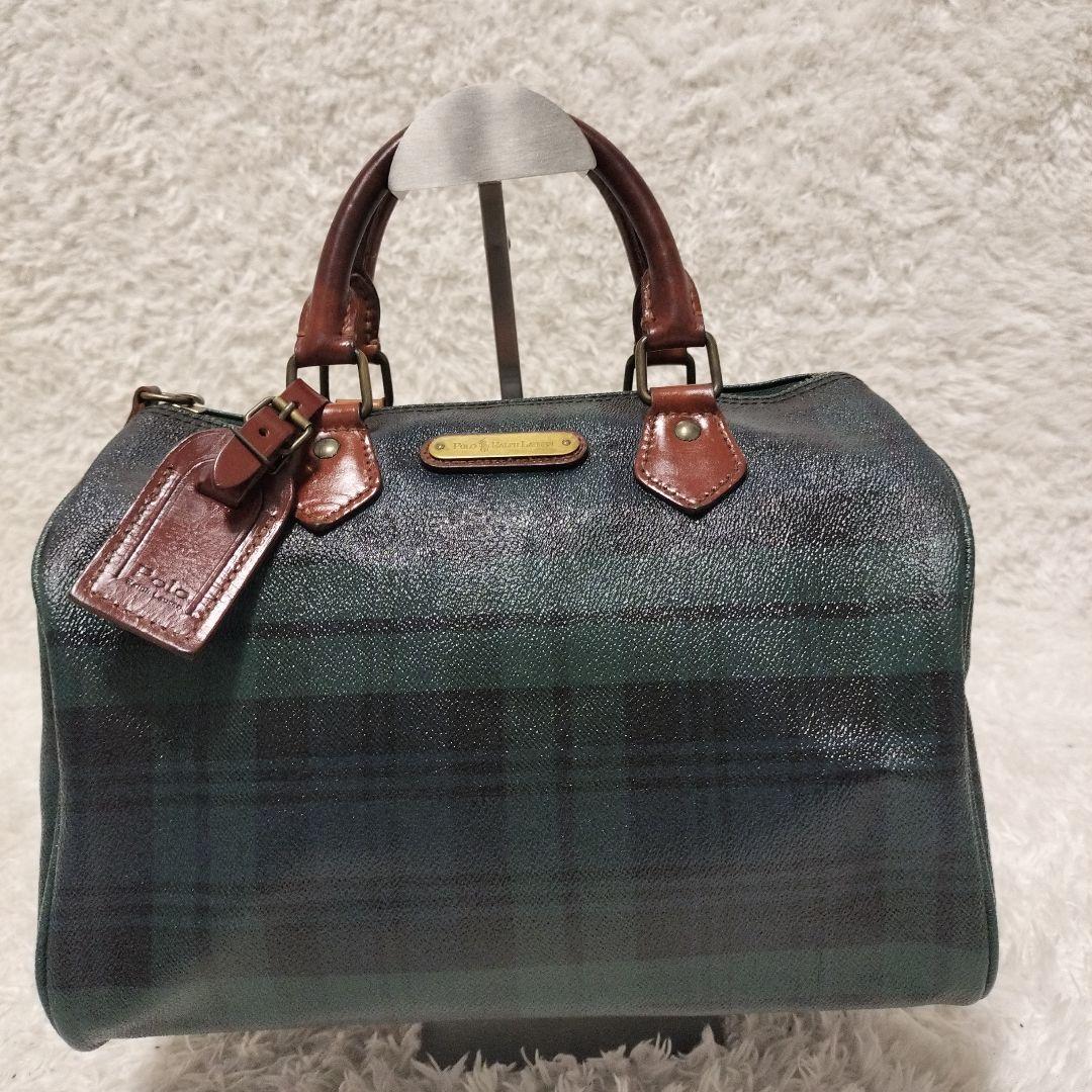美品 POLO ポロラルフローレン チェック柄バッグ PVC xレザー