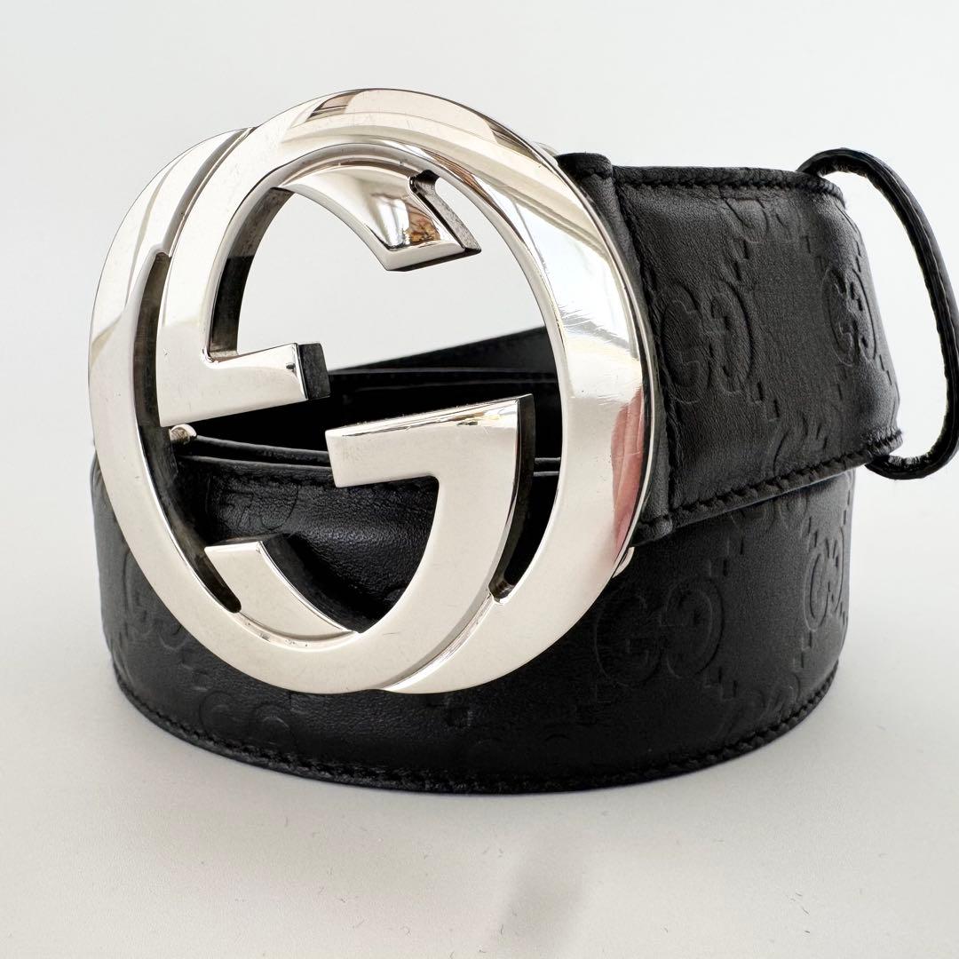 【極美品】GUCCI　インターロッキング シマ　GG　ベルト　ブラック　レザー