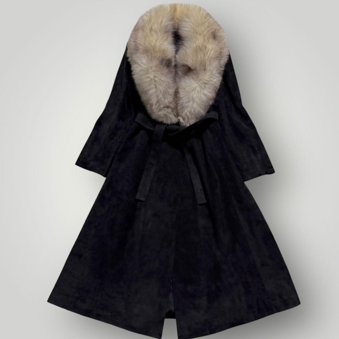 本毛皮☆フォックス リアルファー ベルテッドコート 羊革 スエード ブラック