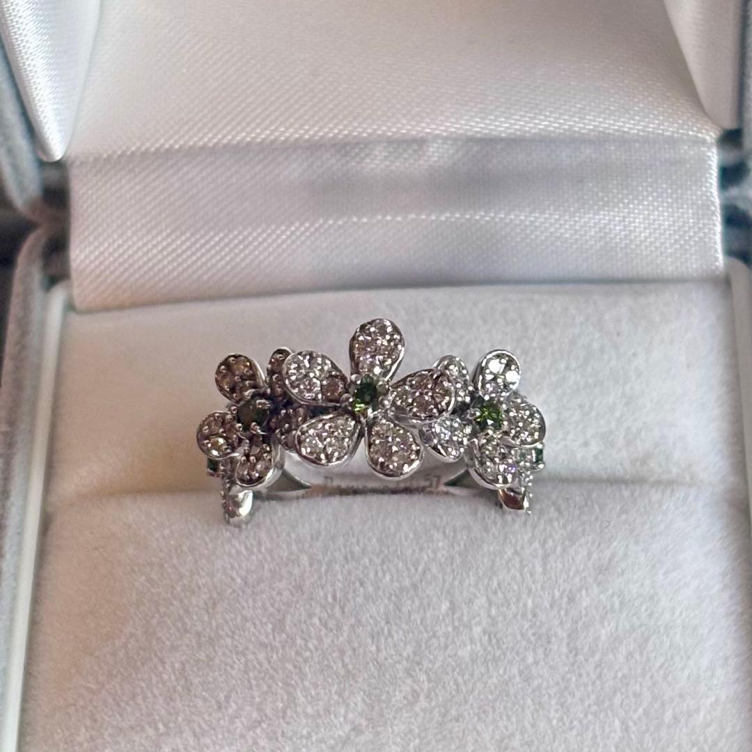 ポンテヴェキオ フラワーリング K18WG ダイヤモンド グリーンストーン