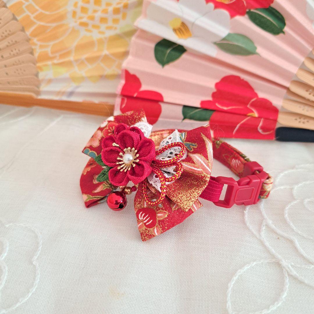 ダブルリボン、和風つまみ細工(赤①)わんちゃん猫ちゃん用首輪