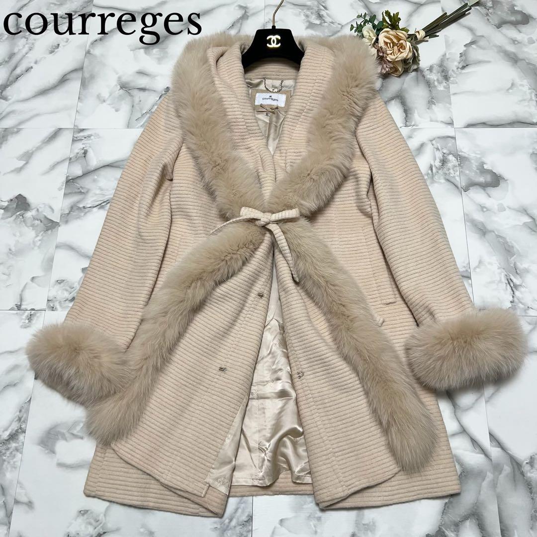 【美品】クレージュ　ロングコート　アンゴラ　フォックスファー　ロゴ総柄　ベージュ
