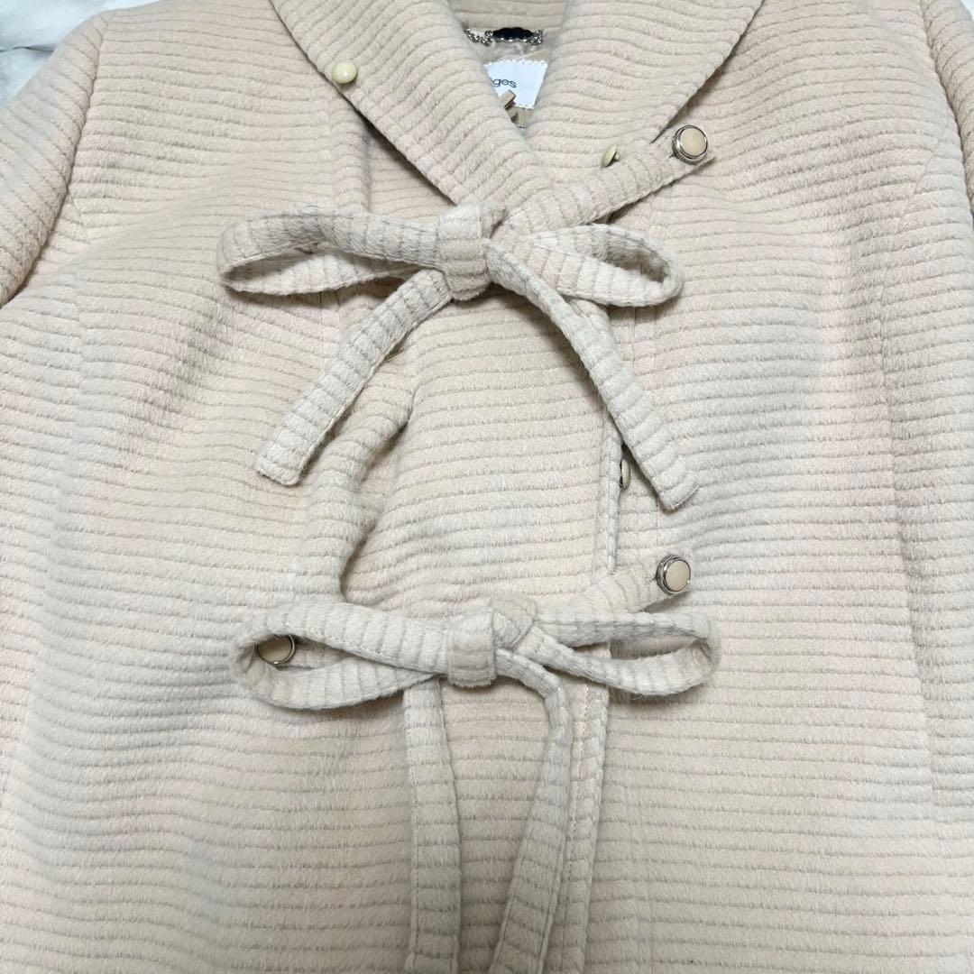 【美品】クレージュ　ロングコート　アンゴラ　フォックスファー　ロゴ総柄　ベージュ