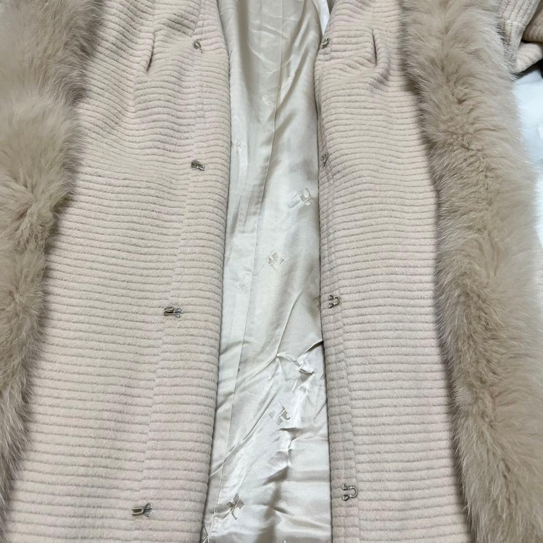 【美品】クレージュ　ロングコート　アンゴラ　フォックスファー　ロゴ総柄　ベージュ