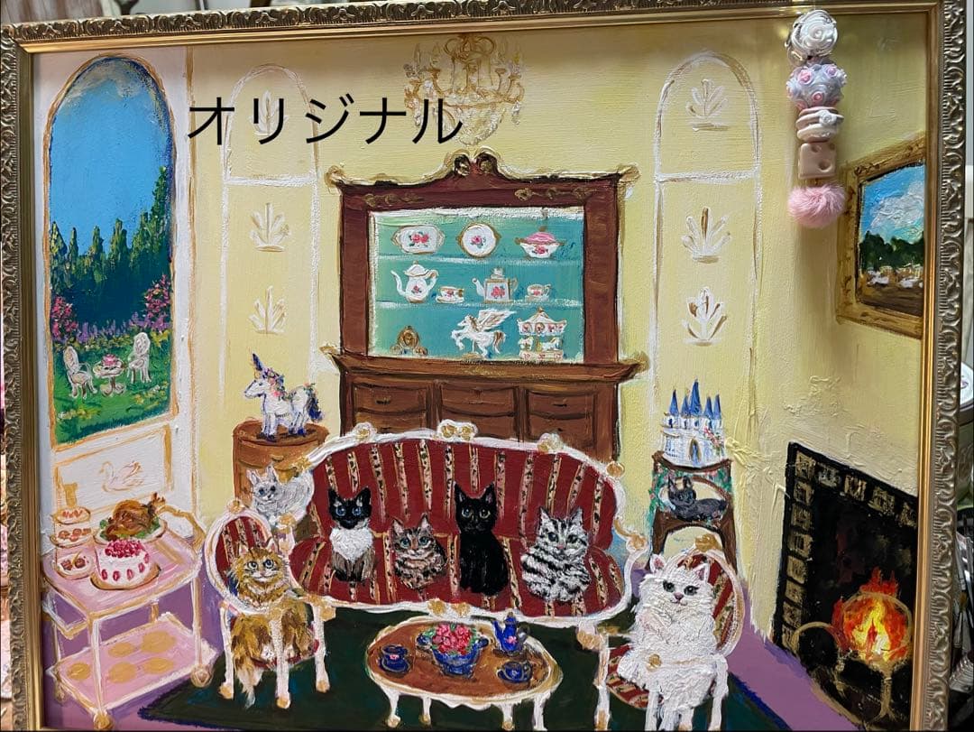 猫　ヴィクトリアン　アクセサリー付きアクリル画　特大