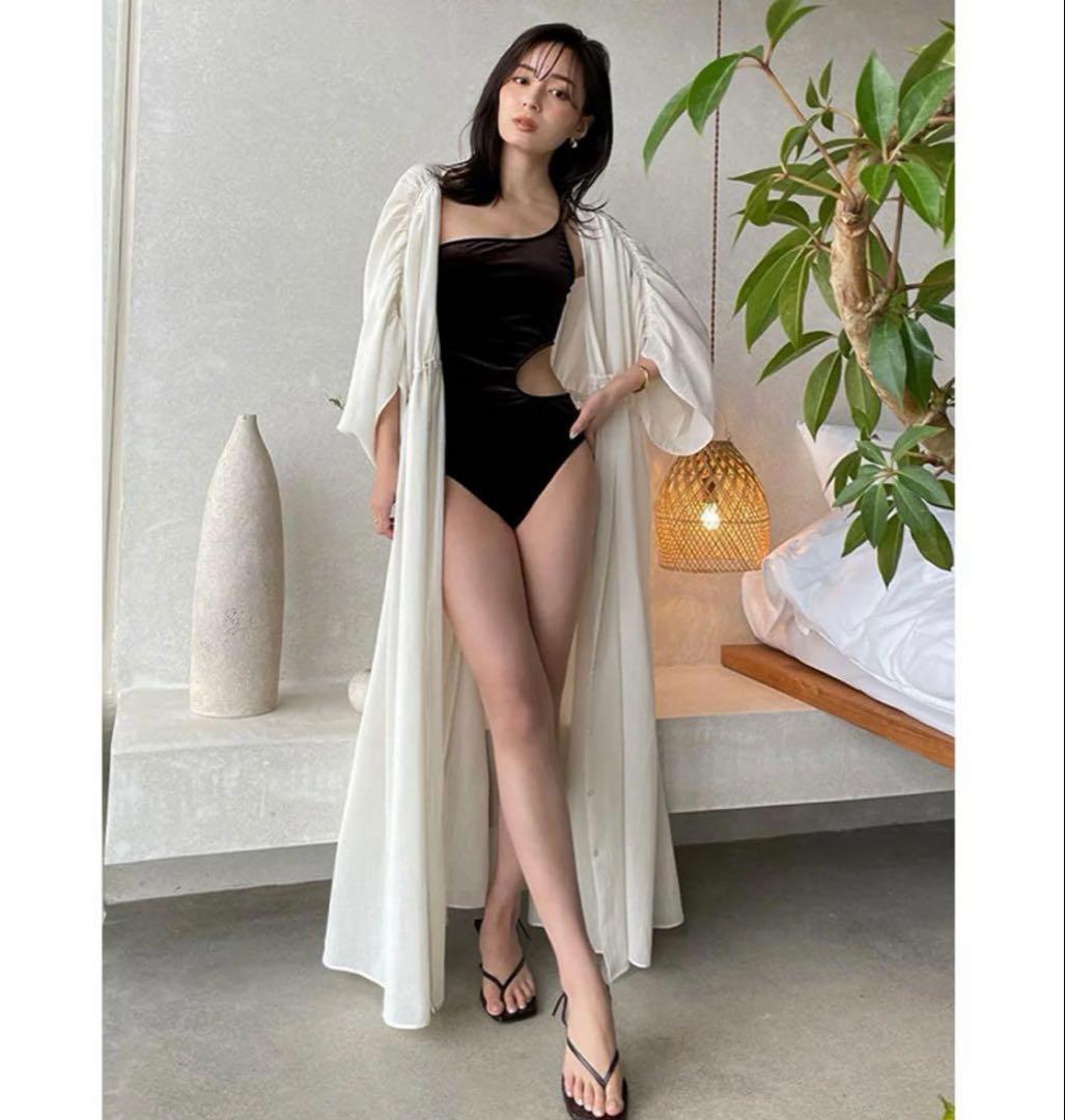 anuans サイドカットアウトベロアワンピース 水着　ブラウン