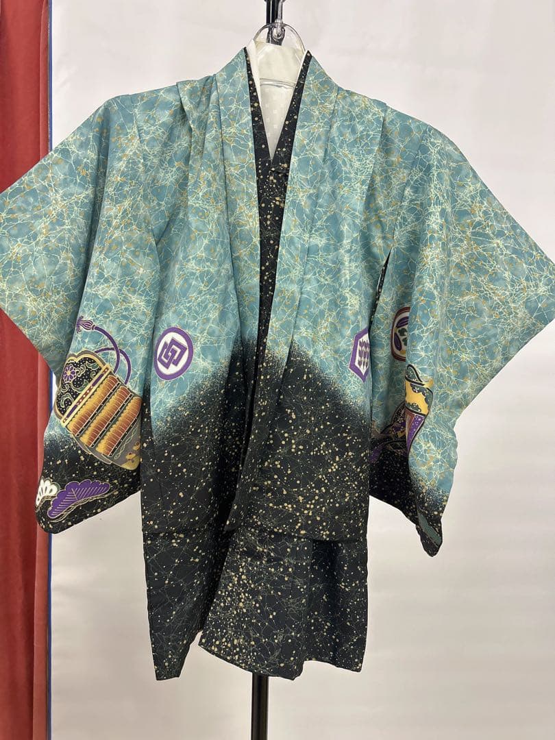 (七五三)3歳の男の子、3点セット羽織、緑色に黒のグラデーションが美しい6525