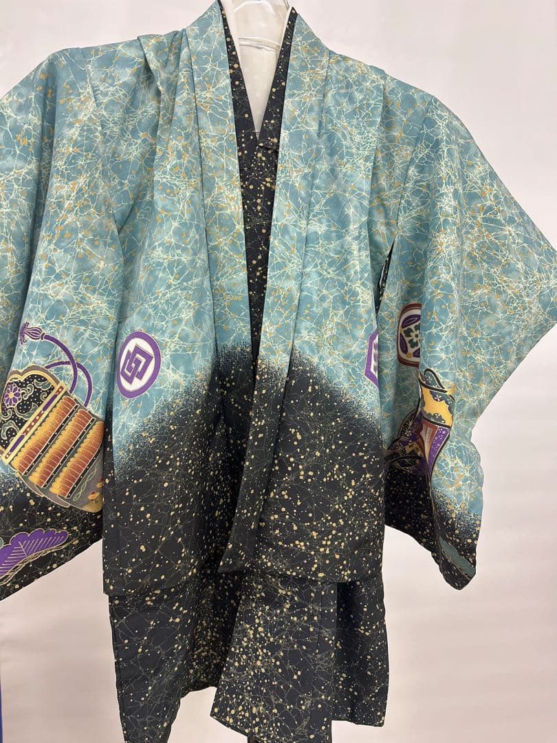 (七五三)3歳の男の子、3点セット羽織、緑色に黒のグラデーションが美しい6525