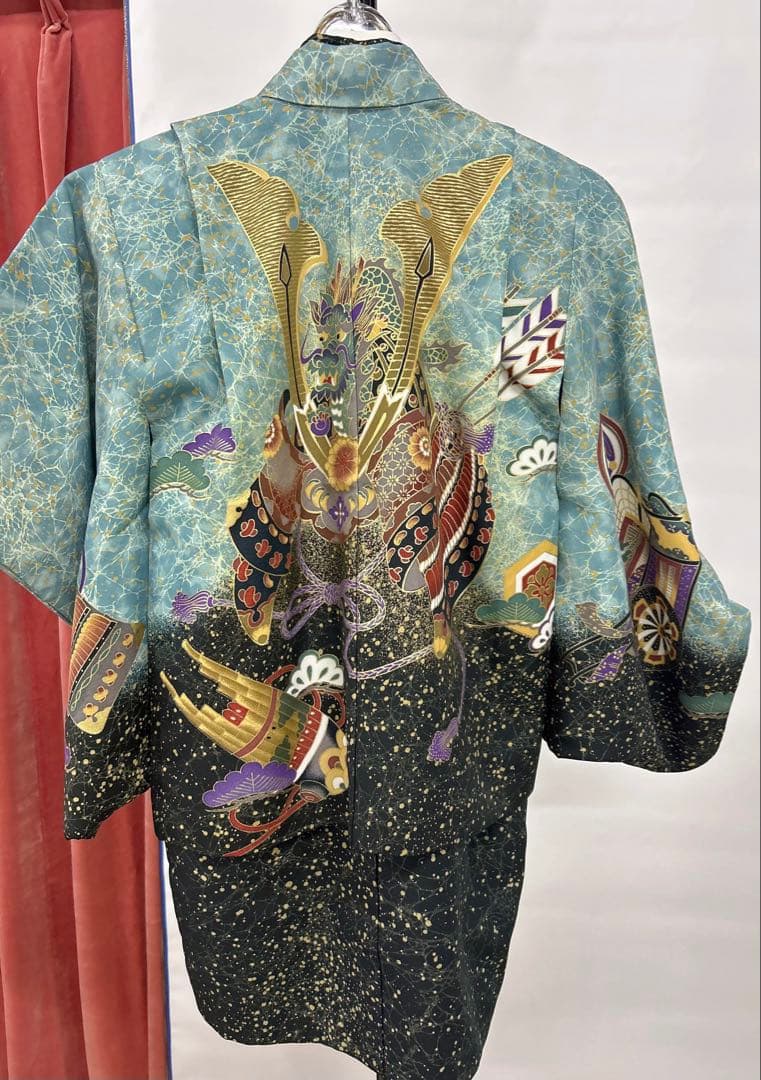 (七五三)3歳の男の子、3点セット羽織、緑色に黒のグラデーションが美しい6525