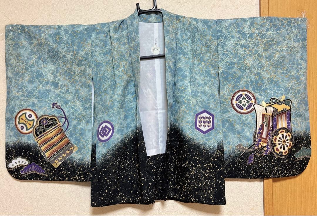 (七五三)3歳の男の子、3点セット羽織、緑色に黒のグラデーションが美しい6525