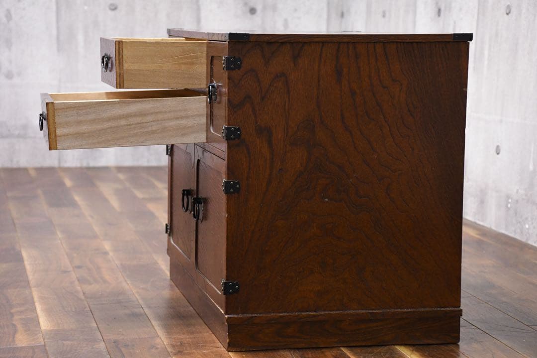 EFK22 民芸家具調 からくり箪笥 金庫付き 隠し抽斗 ケヤキ/欅杢目 小箪笥