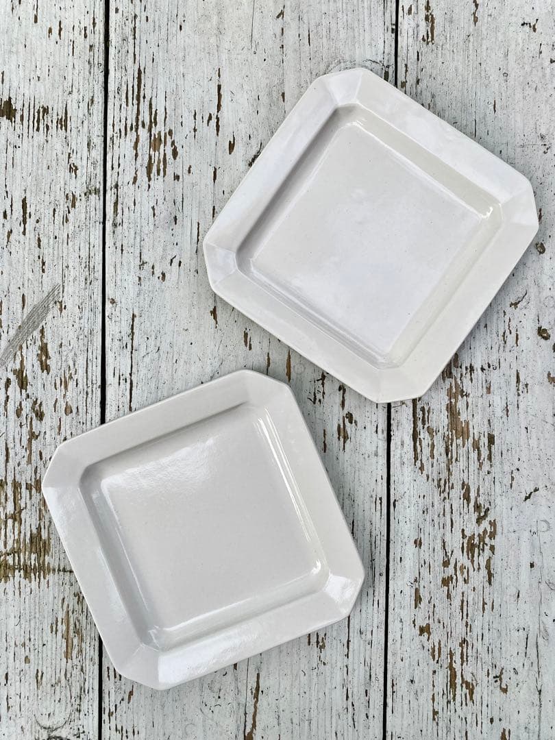 【新品未使用】岡田直人 リムスクエアプレート 角皿2枚セット(B)｜白｜作家もの