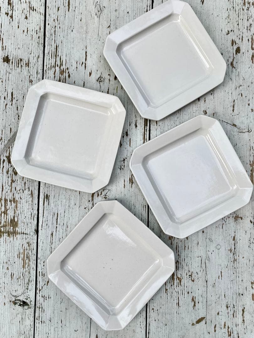 【新品未使用】岡田直人 リムスクエアプレート 角皿2枚セット(B)｜白｜作家もの