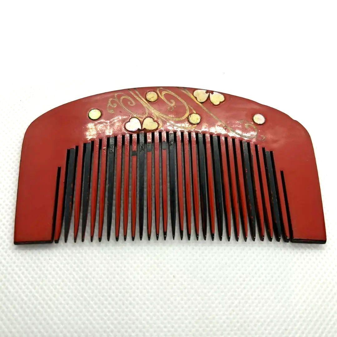 江戸末期　赤い花柄の漆器櫛