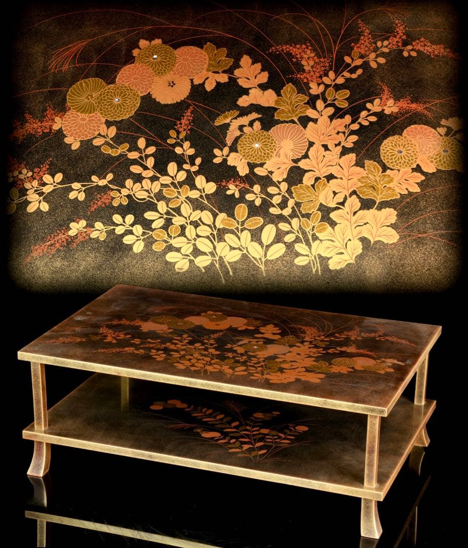 金蒔絵螺鈿黒漆 二段平卓 文机 花台 飾台 茶道具 木箱付 幅52.5㎝ 工芸品