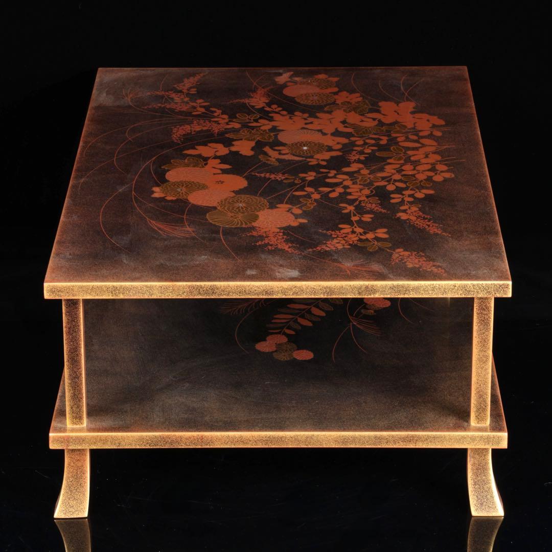 金蒔絵螺鈿黒漆 二段平卓 文机 花台 飾台 茶道具 木箱付 幅52.5㎝ 工芸品