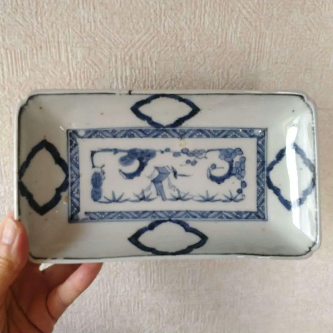 古伊万里染付白抜き木瓜文長皿江戸時代成化年製