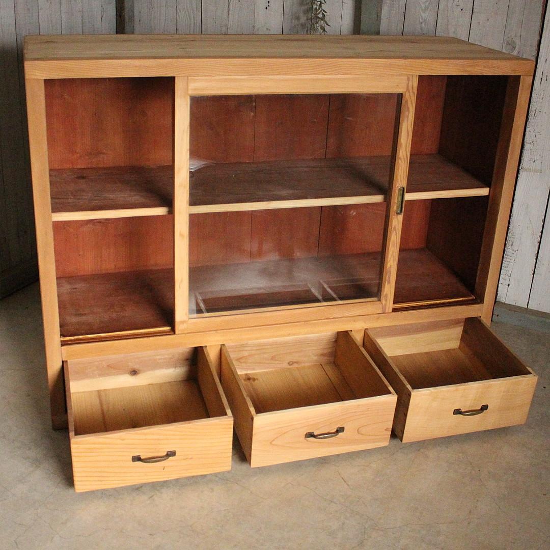 古い木枠のガラス戸棚　引き出し3杯　水屋