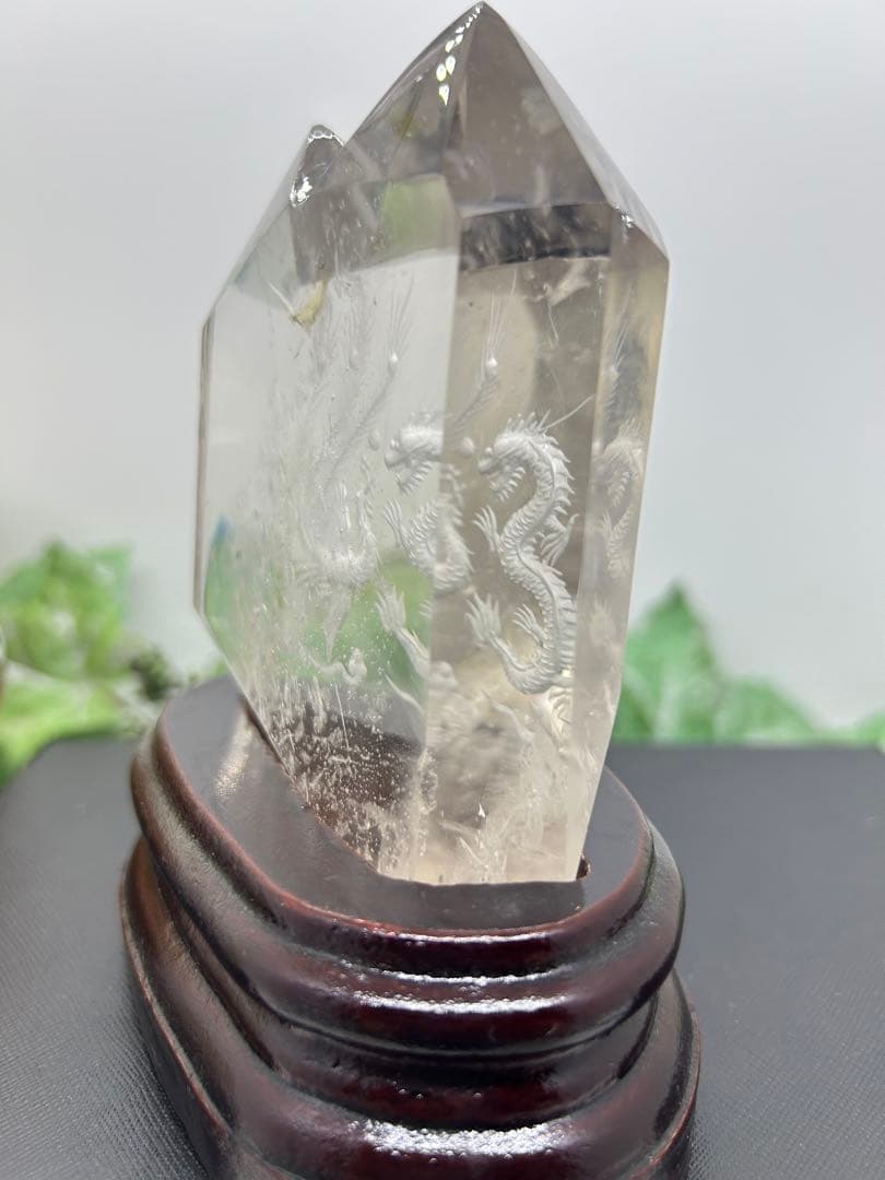 天然石水晶　龍と鳳凰ペアー彫り置物　No.2336