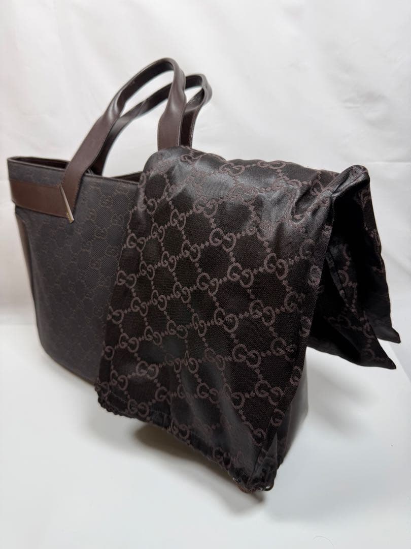 【極美品 袋付】GUCCI GGキャンバス トートバッグ ブラウンレザー正規品