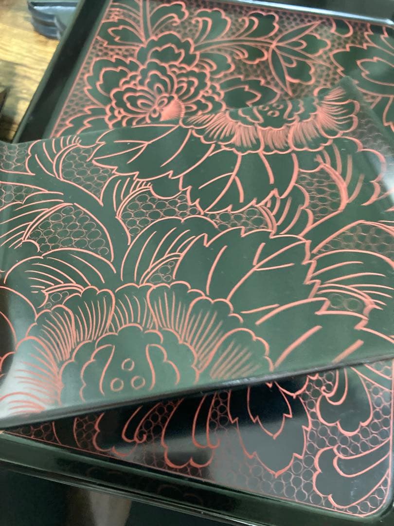 リ*ィ様 輪島塗 お手元箱 沈朱牡丹彫 牡丹文様 角盆 角皿　ボタン 茶托 煎茶