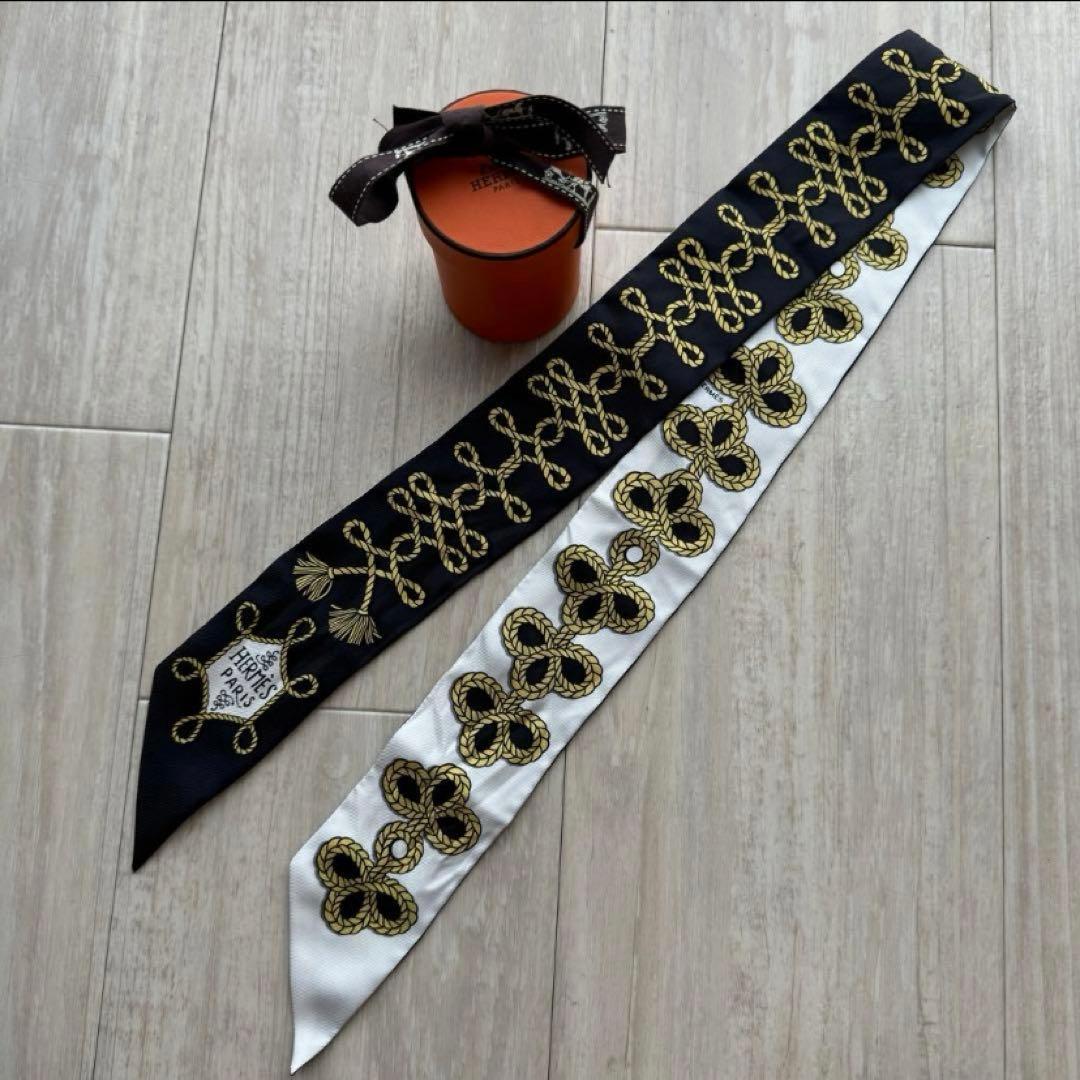 HERMES ツイリー 黒白 ゴールド模様