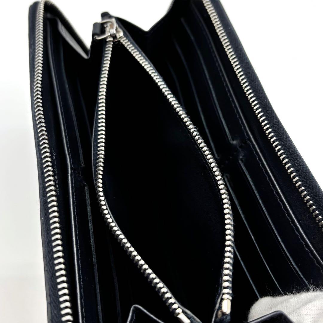 【美品】セリーヌ 長財布 レザー ラウンドファスナー ロゴ型押し ネイビー