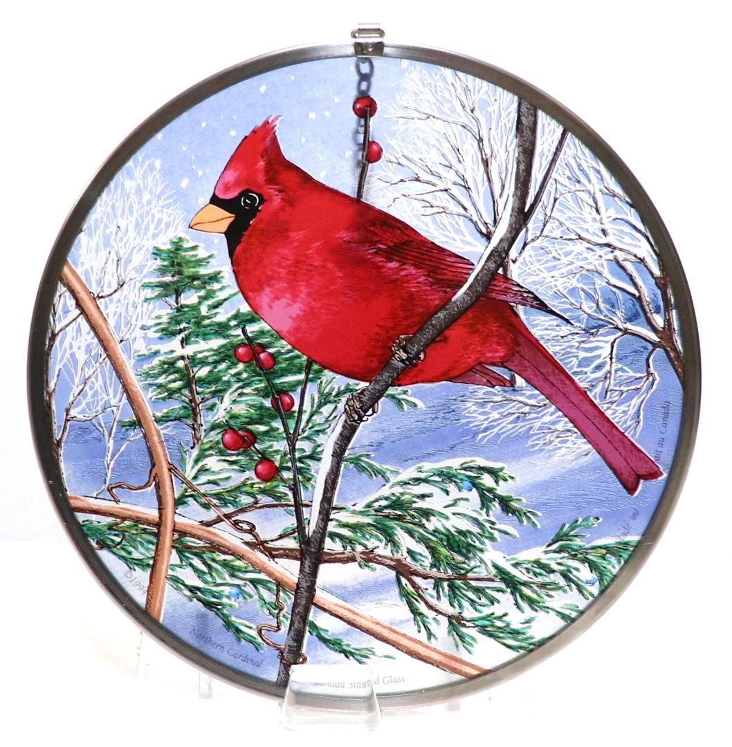 赤毛のショウジョウコウカンチョウと雪景色 冬 ヴィンテージステンドグラス 赤い鳥