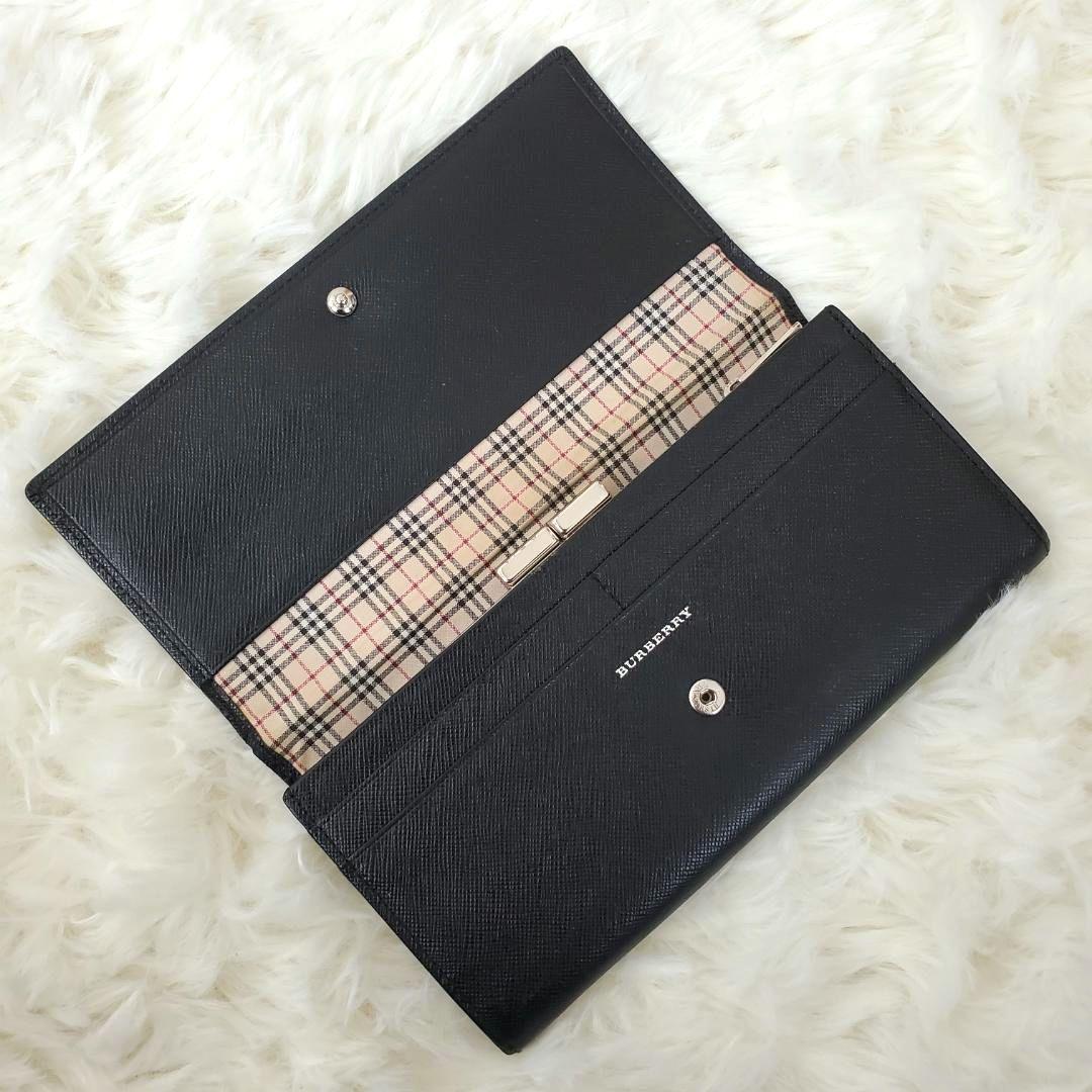 美品 人気モデル バーバリー 長財布 ノバチェック がま口 ブラック 大容量