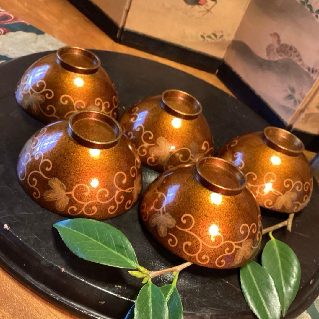 A1033 木製輪島塗　懐石道具　総梨地　松葉唐草　蒔絵　吸物椀　　5客