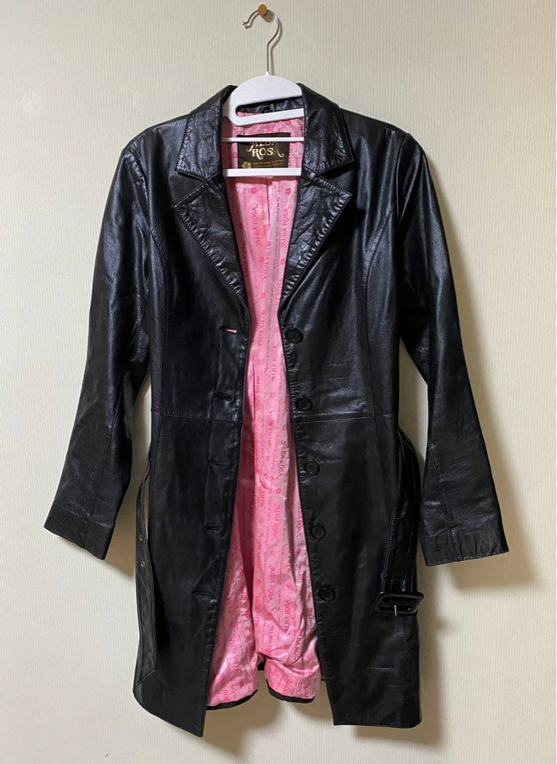 ALBAROSA ブラックレザーロングコート(ベルト付)