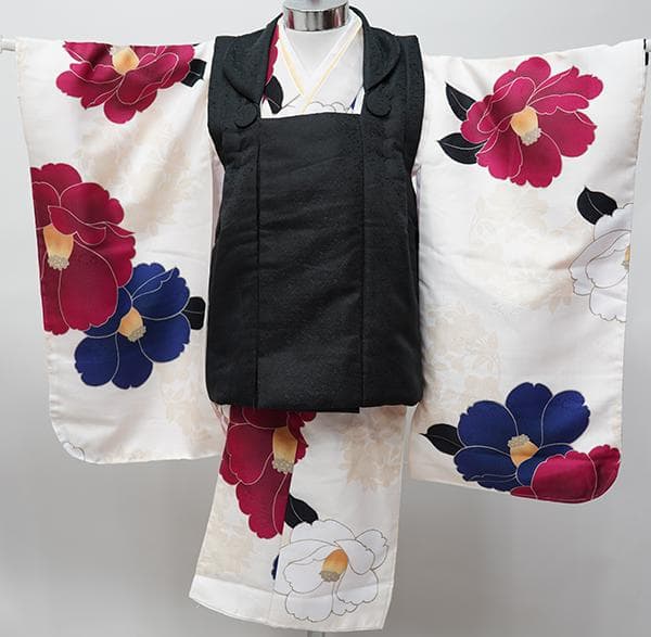 七五三 三歳 女児 被布コート 着物 長襦袢 3点セット 黒色×アイボリー 祝着